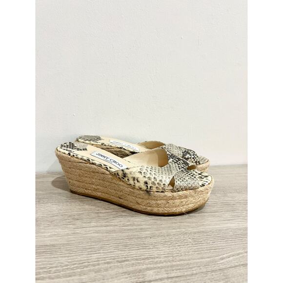 Jimmy Choo Snakeskin Raffia Platform Wedge Slide Sandals Beige/Brown EU 38 - Picture 4 of 7
